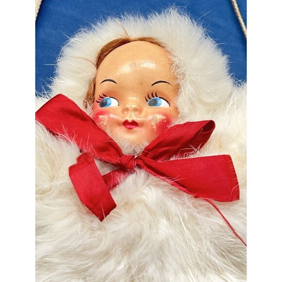 1940s Girl's White Rabbit Fur Hand Muff Doll Face Hand Warmer String Around Neck - Picture 1 of 6